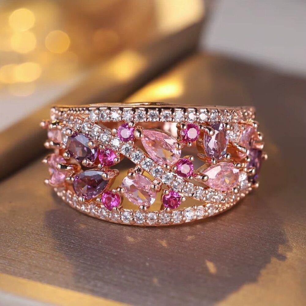 NEW 14k Rose Gold Diamond Ring Band Wide Statement Ring